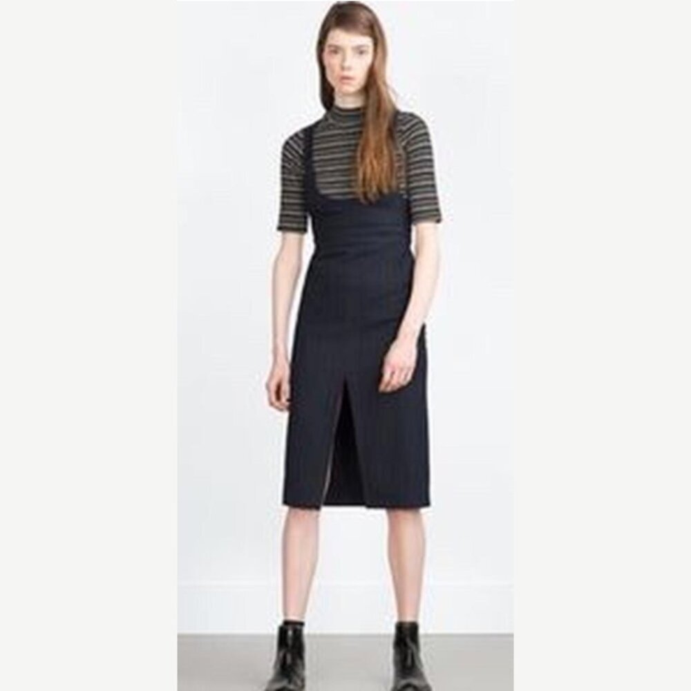 LUX230 Zara Navy & Red Pinstripe Pinafore Dress – , Workwear Chic S -‎ 6